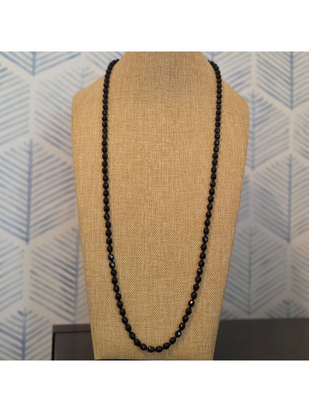Vintage Jet Black Faceted Glass Beaded 34" Necklace